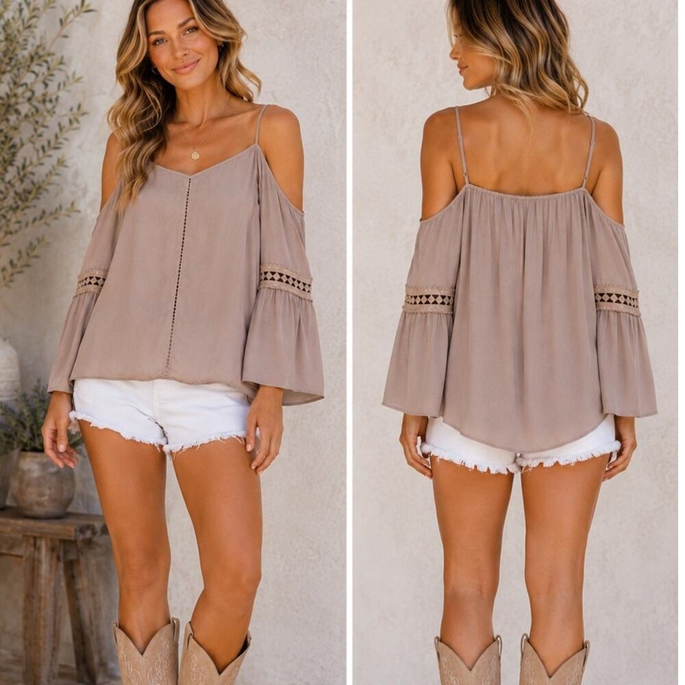 Show Me Your Mumu Cold Shoulder Bell Sleeve Top Taupe Blush Size Small NWT